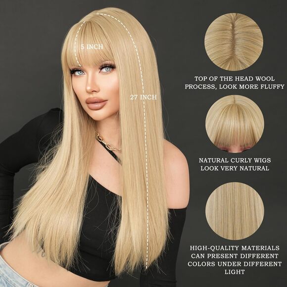 27in Natural Heat Resistant Fiber Synthetic Layered Straight Light Blonde Wigs - Picture 2 of 4